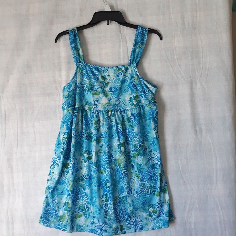Collections Etc. Women's Med Blue/Green Floral Tank Shirt Worn Once Vivid Colors
